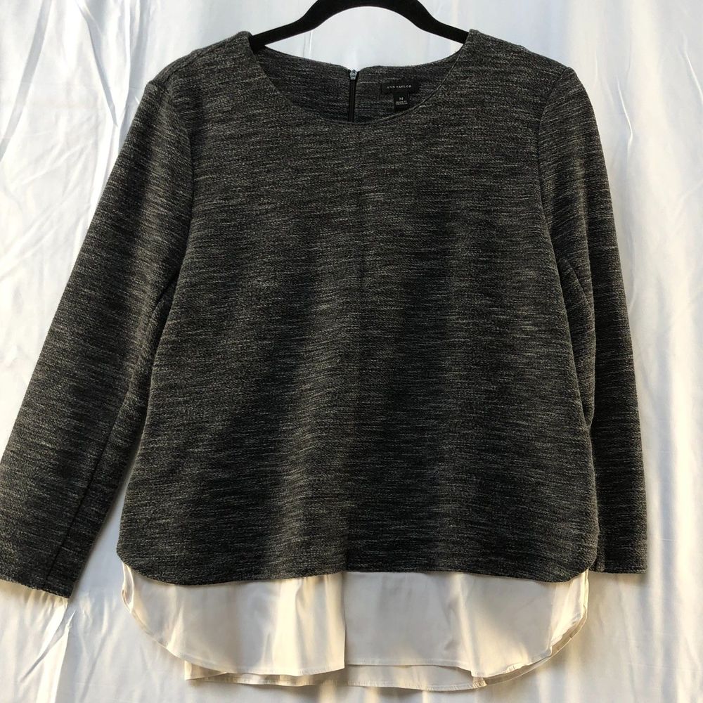 Ann Taylor Sweater-Shirt Top Gray Polyester/Rayon Blend Long Sleeve Slits Medium